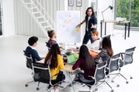 Innovative management Group of co-workers discussing a project.