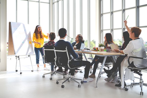 Person presenting to a group sitting around a conference table.