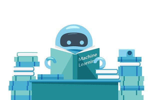 Robot reading a book labeled Machine Learning.